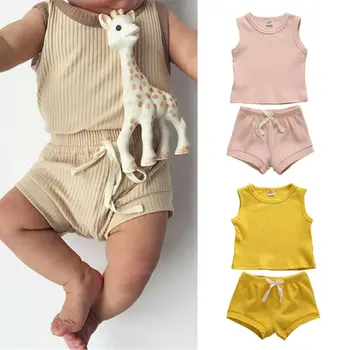 

Emmababy 2Pcs Newborn Infant Baby Girl Clothes Solid Color Vest Top Shorts Summer Cotton Outfits