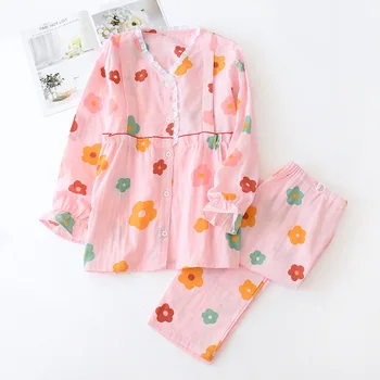 

Pure Cotton Thin Section Feeding Home Service Pregnant Women Pajamas Flower Printing Lace V-neck Button Confinement Sleepwear