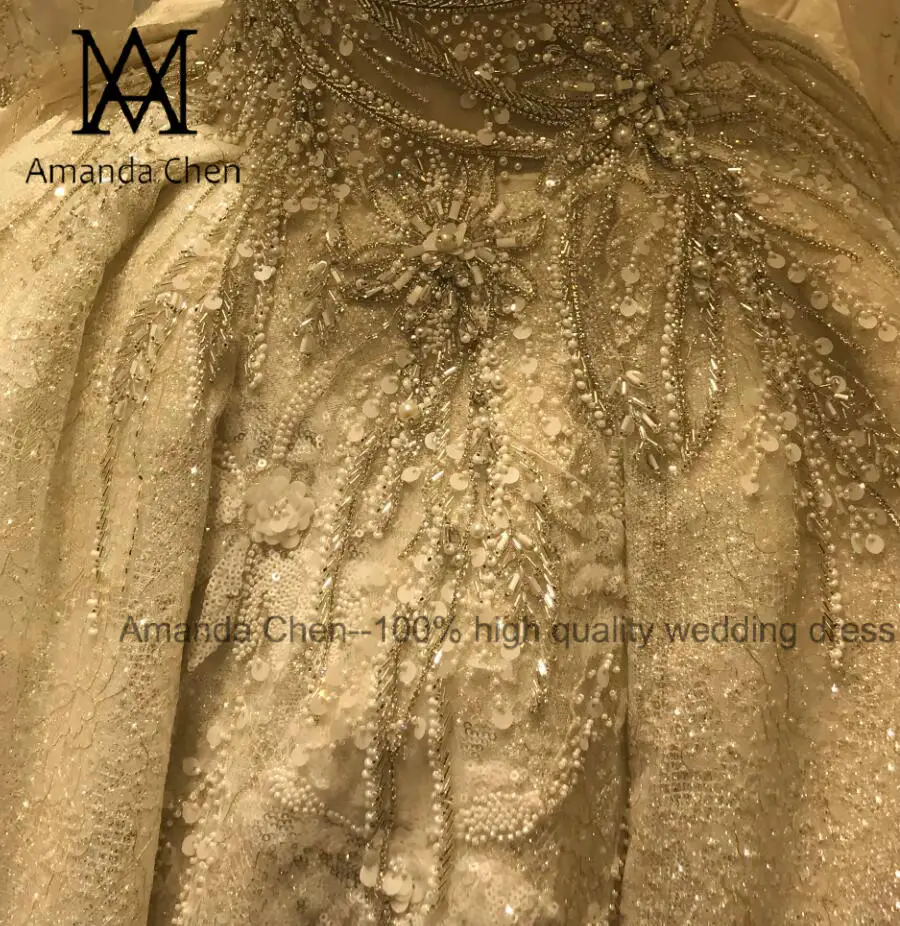 Abendkleid o-образным вырезом с длинным рукавом ручной работы Кристалл Бисероплетение блестящее свадебное платье