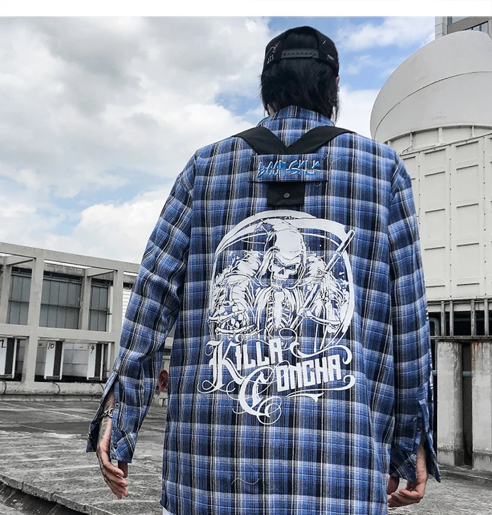 AELFRIC съемный плед демон печати мужские рубашки уличная хип хоп топы Модные Harajuku повседневные мужские с длинным рукавом негабаритных