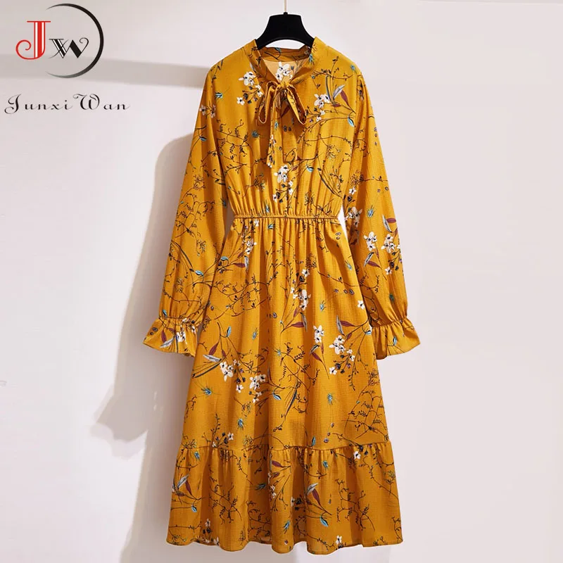 1239-004 Женское шифоновое платье с цветочным рисунком, Осень-зима, длинный рукав, эластичная талия, воротник-бант, повседневные Элегантные вечерние платья для офиса, Vestidos - Цвет: 1239-004
