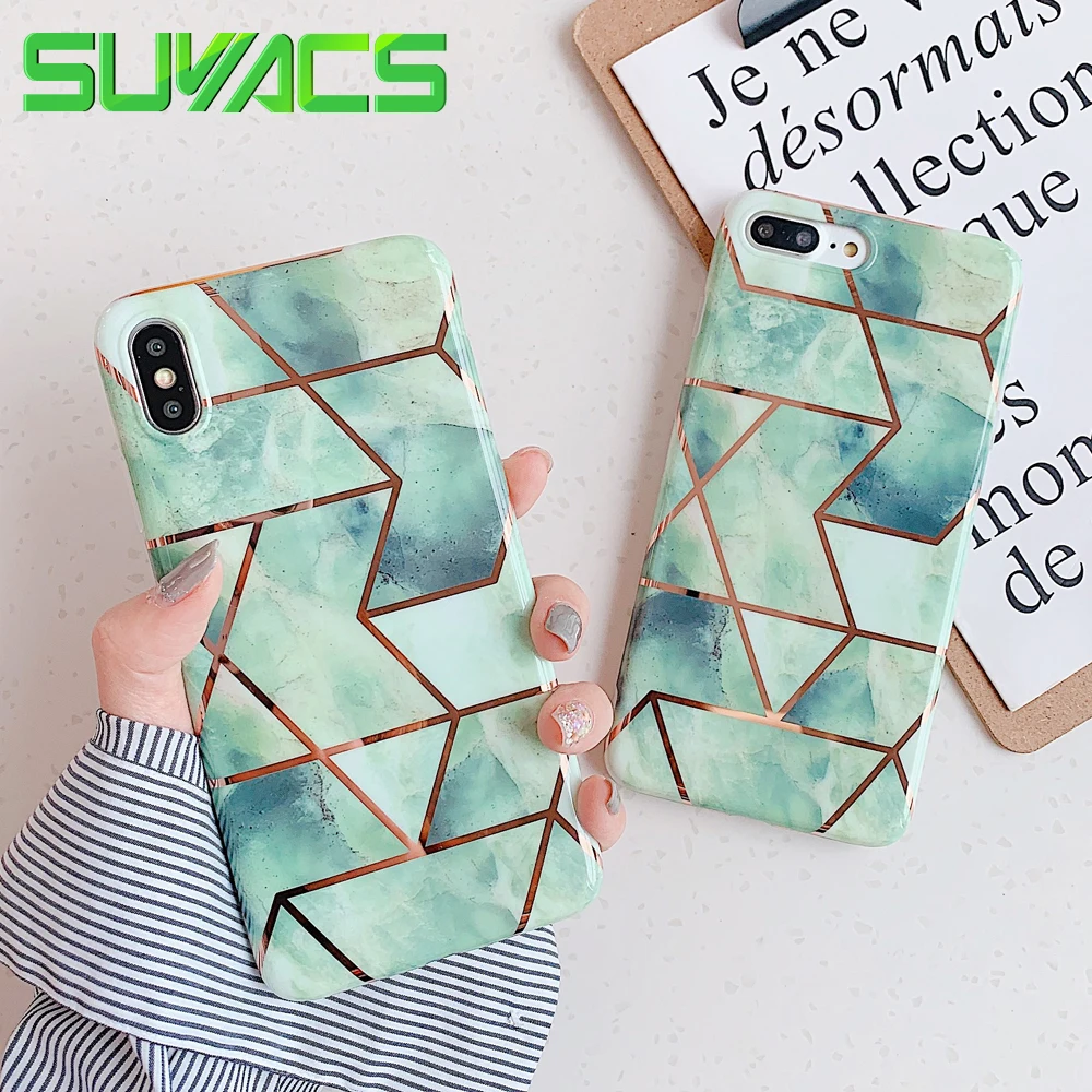 

SUYACS Green Geometric Splice Marble Phone Case For iPhone XR X XS Max Case For iPhone 7 8 6 Plus Soft Electroplated Phone Cover