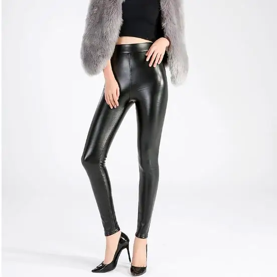 Capri Women Pants 2020 Thicken Winter Black PU Leather women pants high waist elastic fleece