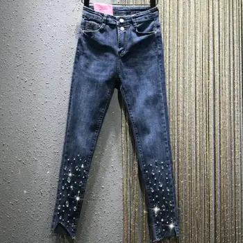 

2019 autumn new heavy work hot drill fashion denim pants women stretch high waist skinny pencil jeans