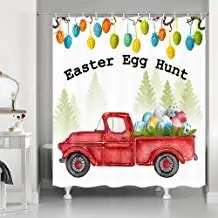 

Rustic Retro Red Truck with Colorful Eggs Happy Easter Eggs on Vintage Farm Pickup Car Shower Curtain Bathroom with Hooks