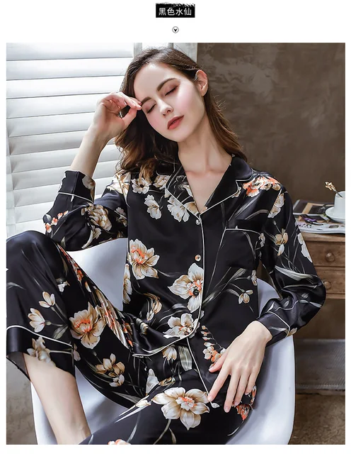 slipintosoft Long Floral Silk Pajama Set for Women Pink Black Real 100 Ladies Silk Pjs Mulberry Silk Sleepwear Pink / M