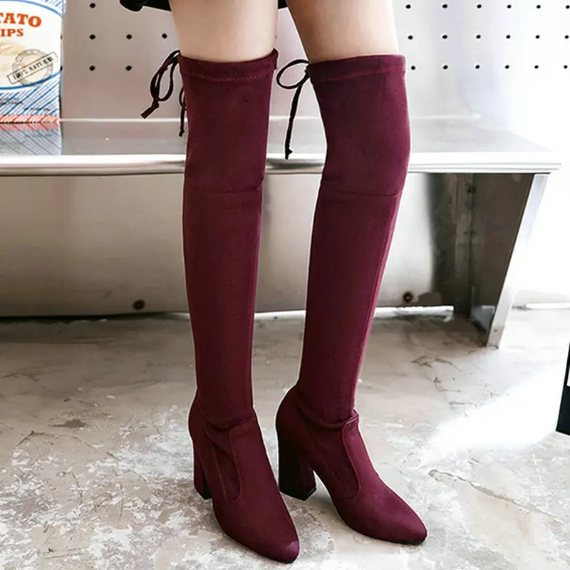 

Thigh High Stretch Women Boots Frosted Fabric Round Thick Heel Women High Boots Autumn Winter Ladies Over the Knee Warm Boots