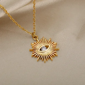 Evil Eye Necklace For Women Stainless Steel Gold Color Turkish Eye Pendant Necklaces Vintage Lucky Wedding Jewelry Couple Gift