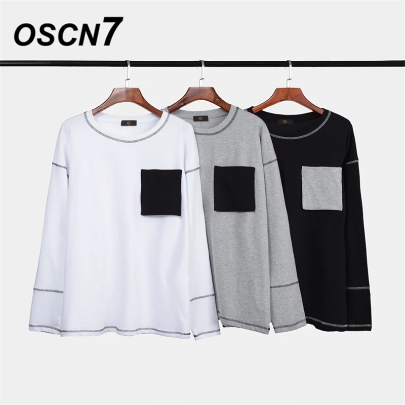 

OSCN7 High Street Deconstructive Style Men's T-Shirts 2019 Long Sleeve Tshirts Hip Hop Casual Women Top Tee Streetwear 2808