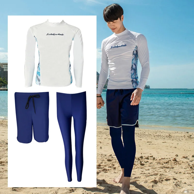 

3pcs/set Men's Rash Guard Long Sleeve Shirt Trunks Leggings, UV/Sun Protection Swim Tops Bottoms, Water Beach Surf Bating Suits