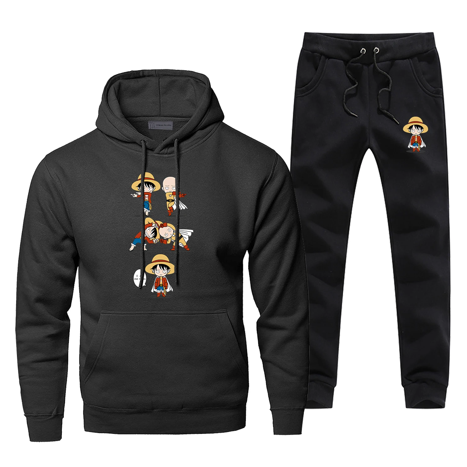 Забавный дизайн, мужские комплекты, одна деталь, обезьяна, D Luffy, модная спортивная одежда, повседневная, флис, one Punch Man, Япония, аниме, Chandal Hombre - Цвет: Black