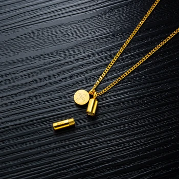 

Gold Capsule Pill and Disc Cremation Urn Necklace in Stainless Steel