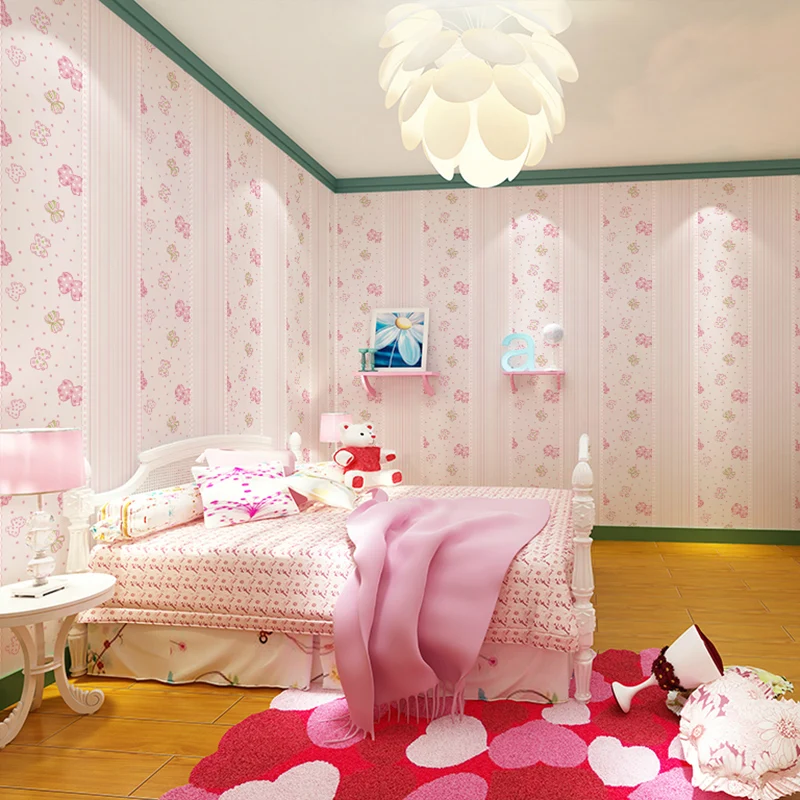 Зеленые нетканые обои розовая бабочка полосатая спальня полный детской комнаты принцесса комната мальчики и девочки обои
