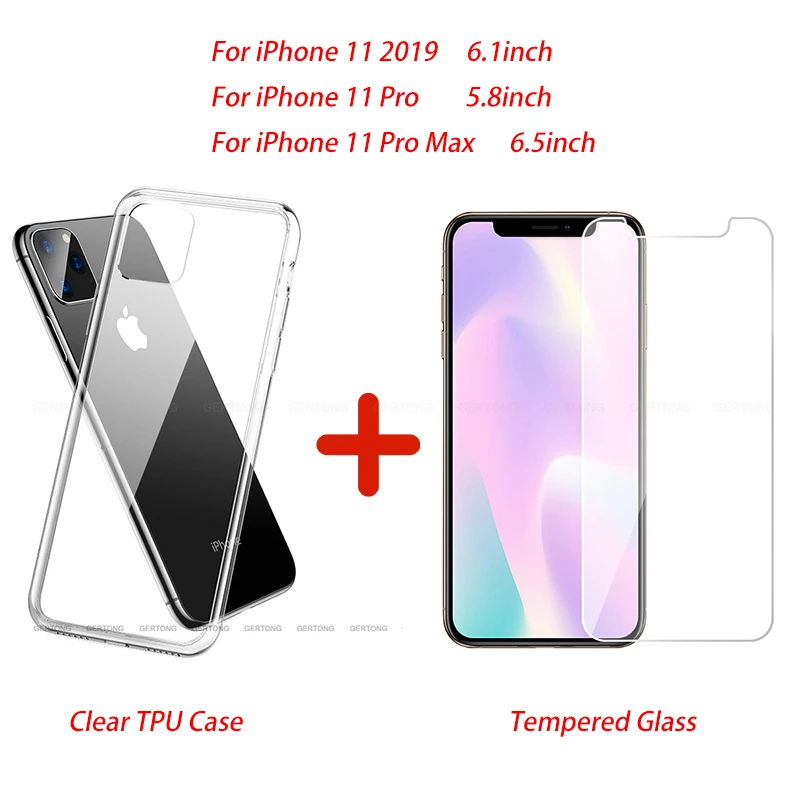 2 в 1 тонкий прозрачный мягкий силиконовый чехол из ТПУ для iPhone 11 Pro Max чехол и защитная пленка для экрана Защитное стекло для iPhone 11 Pro Горячее предложение