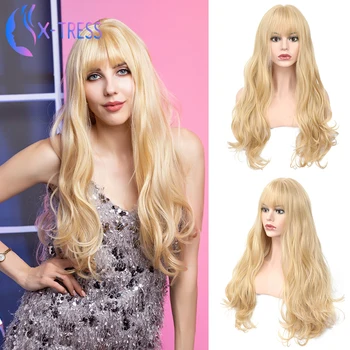 

X-TRESS Honey Blonde Color Synthetic Wig with Bangs 18/24inch Middle Part Loose Wave Women's Hair High Temperature Colorful Wig