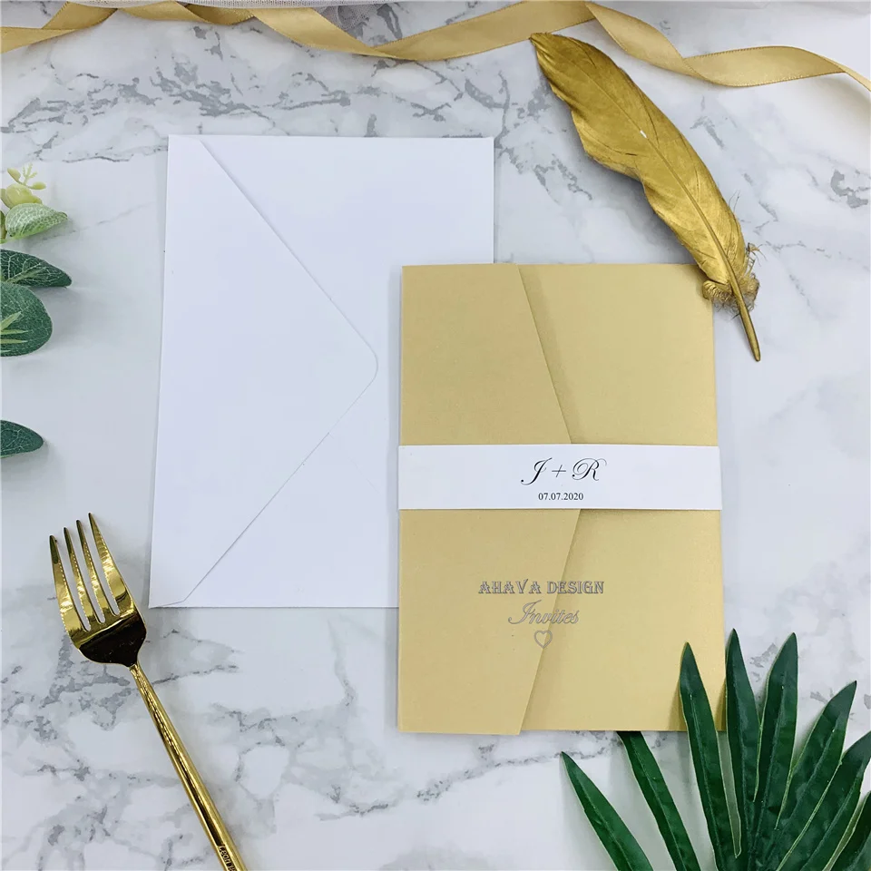 

Graceful Gold Laser Cut Warp with Customized Insert, Invite With Belly Band&RSVP card