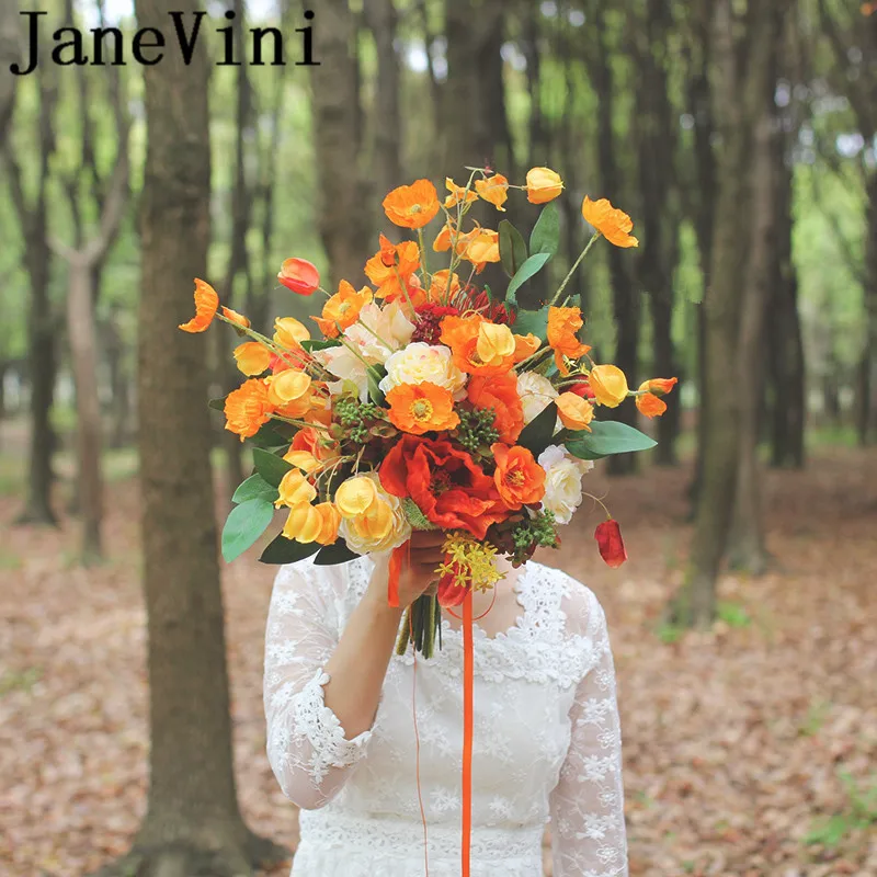 JaneVini Ramo Artificial Orange Yellow Bride Bouquet Autumn Silk Leaves Wedding Flowers Bridal Bouquets Rose Accessories