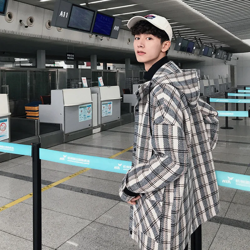 Autumn New Woolen Jacket Men Fashion Retro Casual Tartan Coat Man Streetwear Wild Loose Hooded Jacket Male Clothes M-5XL