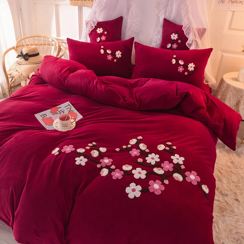 Постельные принадлежности в стиле принцессы из кораллового флиса с вышивкой для домашнего визита, двухстороннее флисовое утепленное покрывало с кристаллами - Цвет: 4pcs  A