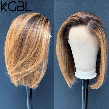 KGBL Short Bob Ombre 4 27 Color 13*4 Lace Front Middle Ratio 8”-16 #8243 Human Hair Wigs Brazilian Non-Remy Hair Pre-Plucked Wigs tanie i dobre opinie KunGang BL Gi HH Straight Lace Front wigs Half Machine Made Half Hand Tied Darker Color Only Swiss Lace 1 Piece Only Medium Brown
