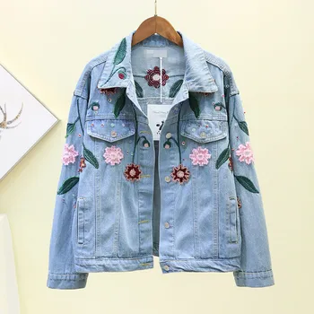 

Women Denim Jacket Spring Autumn New Fashion Beaded Embroidery Loose Long-Sleeved Denim Short Coat Female Casual Outwear JIA436