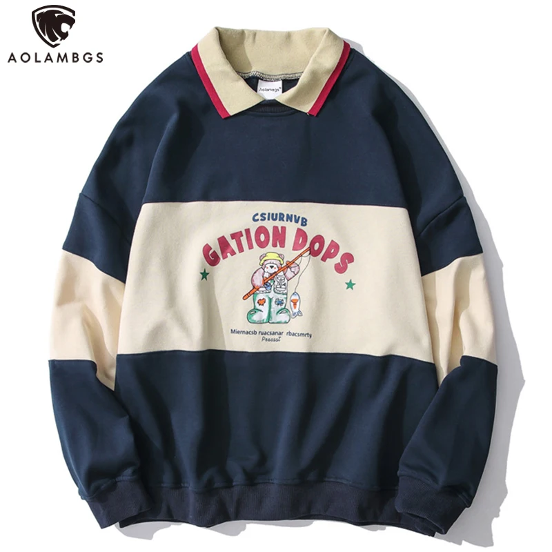 

Aolamegs Striped Patchwork Hoodies Autumn Sweatshirts Men Cute Print Casual Hooded Pullover Couples False Two Harajuku Colthing
