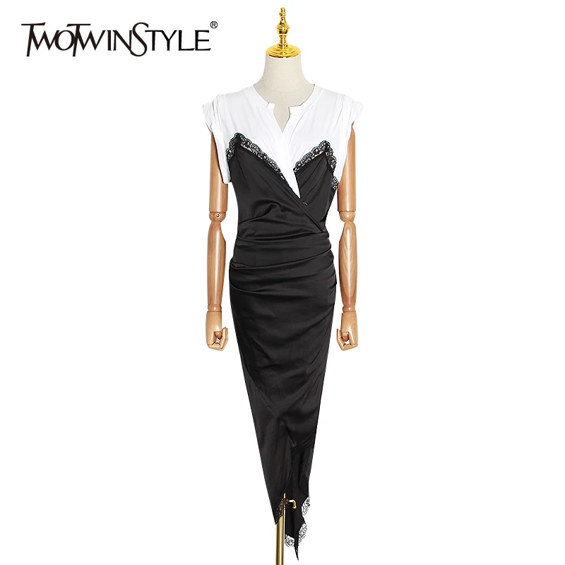 TWOTWINSTYLE Elegant Patchwork Lace Women Dress O Neck Short Sleeve High Waist Irregular Hem Hit Color Satin Dresses Female Tide TWOTWINSTYLE Elegant Patchwork Lace Women Dress O Neck Short Sleeve High Waist Irregular Hem Hit Color Satin Dresses Female Tide