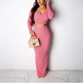 

Spring Winter Two Piece Skirt Set Suit Ribbed Long Sleeve Elegant Crop Top And Long Maxi Skirts Suit Matching Sets Women Outfits