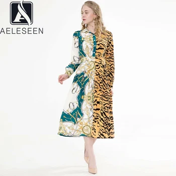 

AELESEEN Vintage Leopard Printed Dress 2020 Runway Fashion Spring Dress Contrast Color Chain Print Long Party Vocation Dress