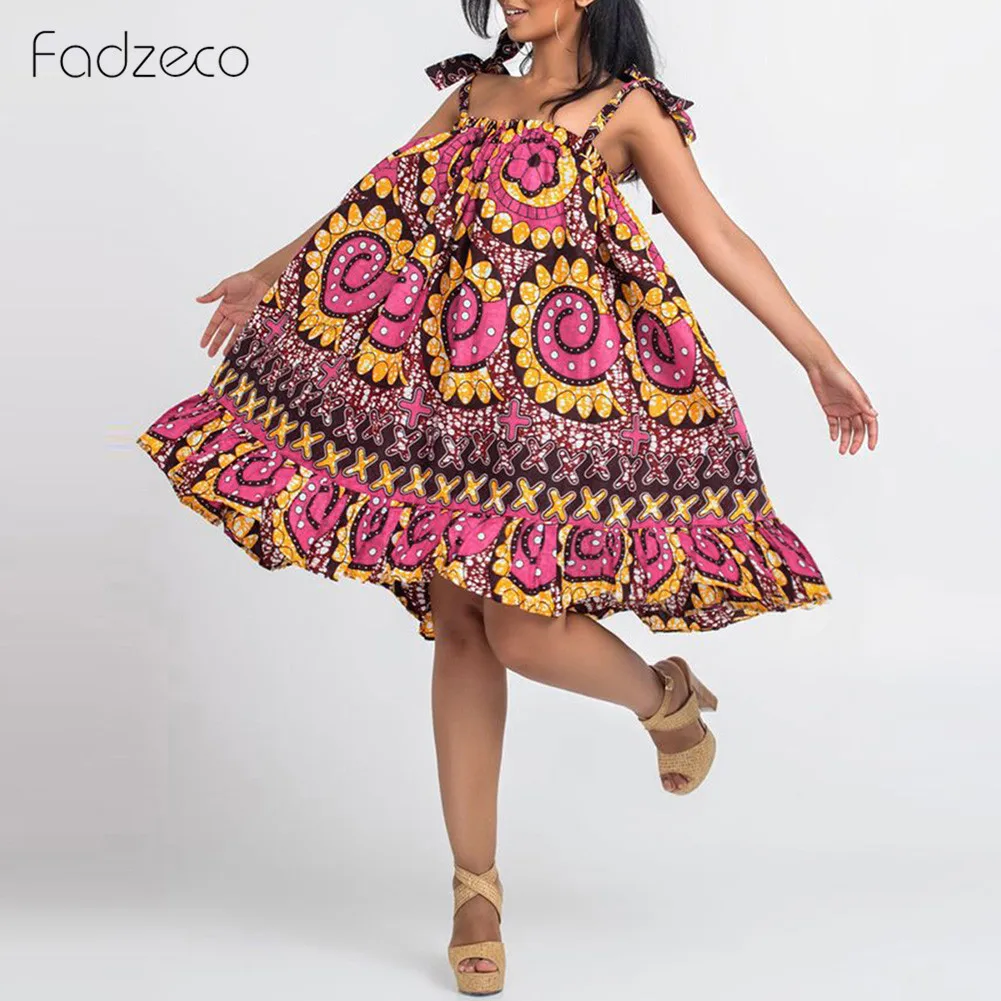 Fadzeco африканские платья для женщин Дашики Базен Анкара Платье-комбинация Африканский Принт без рукавов рюшами миди платье размера плюс