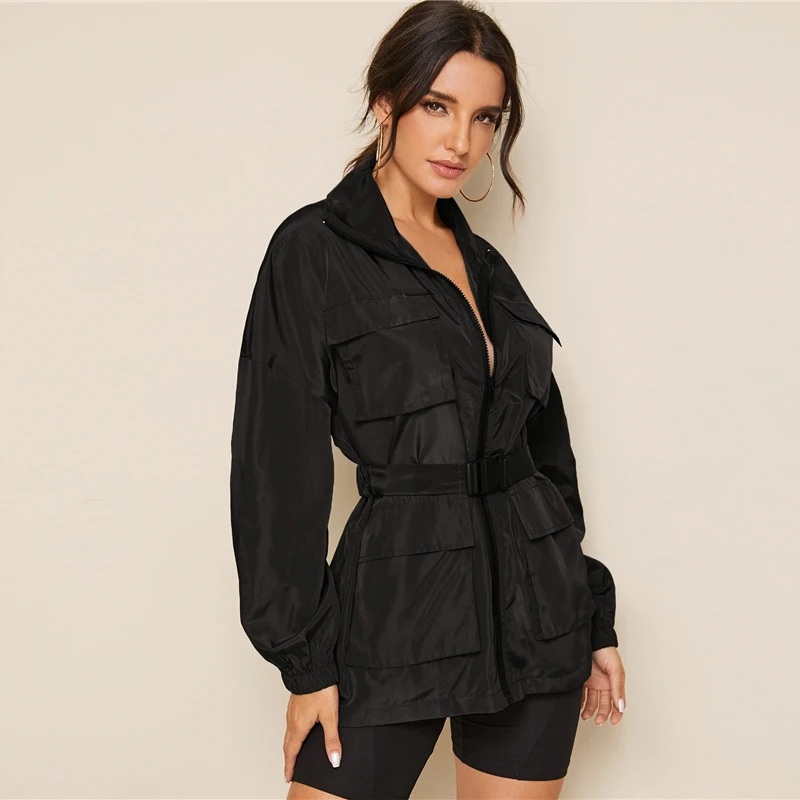 SHEIN черная куртка на молнии с карманом и заплатками, нажимная пряжка на поясе, Женская Осенняя однотонная ветровка, повседневная спортивная одежда, куртки