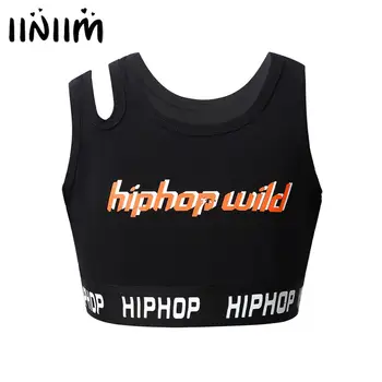 

Kids Girls Jazz Asymmetrical Straps Letters Printed Slim Fit Tank Tops for Hip Hop Gymnastics Dance Exercise Stage Performance