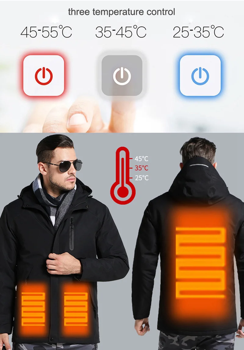 A man is wearing a USB heated jacket with temperature control.