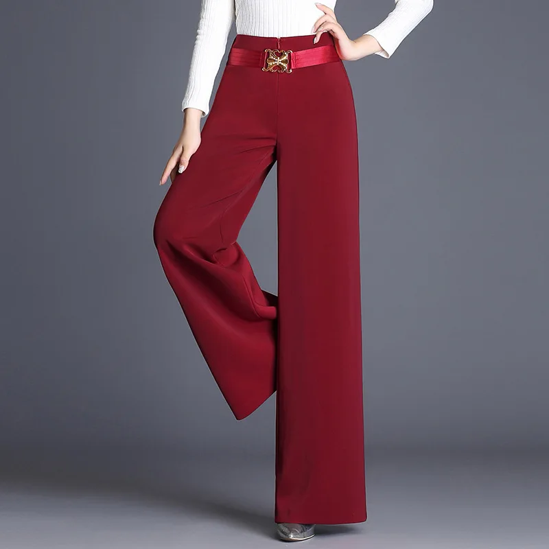 Женские брюки с высокой талией, широкие брюки, большие размеры, темперамент, повседневный свободный костюм, брюки, Осень-зима, для девушек, тонкие, OL, длинные, формальные брюки - Цвет: Red-Thick