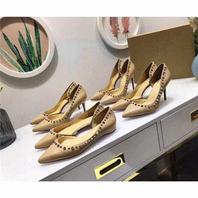 Beige Junetxin/новые женские туфли-лодочки весенне-осенние женские свадебные туфли на высоком каблуке с заклепками и острым носком пикантные женские туфли на высоком каблуке 34-42 - Цвет: Beige