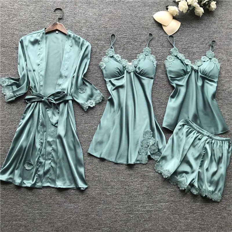 

Female Sexy Sleepwear Robe & Gown Set 4 Pieces Sleep Shirt +Nightdress + Short Female Home Service Underwear Thin casual Suit