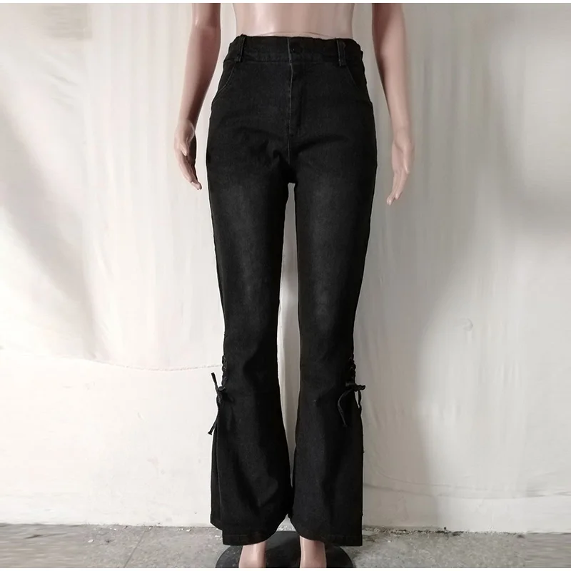 Длинные расклешенные джинсы размера плюс с завышенной талией, на шнуровке, 3XL 4XL, Стрейчевые обтягивающие джинсы, винтажные джинсовые штаны с поясом, джинсы для мам