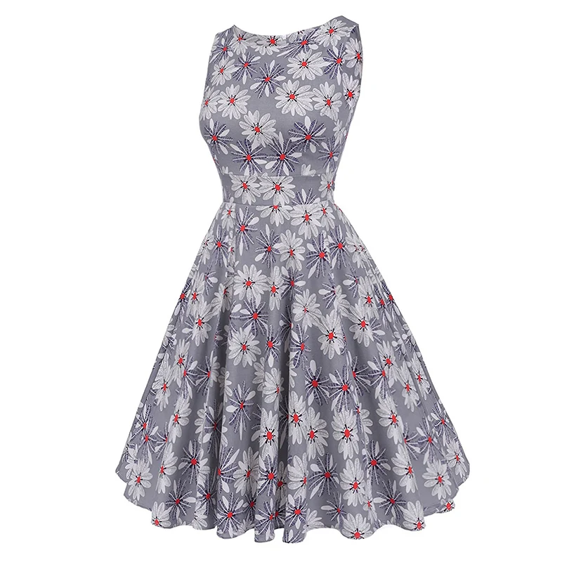 Kostlish Cotton Summer Dress Women 2017 Sleeveless Tunic 50s Vintage Dress Belt Elegant Print Rockabilly Party Dresses Sundress (63)