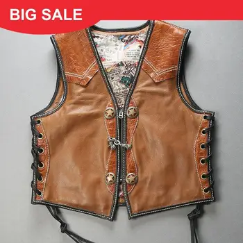 

2020 Brown Men Slim Fit Biker's Leather Vest Large Size 3XL Genuine Cowhide Spring Short American Style Motorcycle Leather Vest