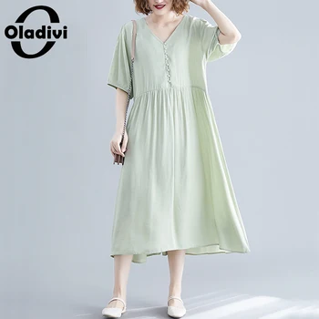 

Oladivi Plus Size Women Short Sleeve V Neck Casual Dress Ladies 2020 Summer New Loose Simple Free Midi Dresses Green Blue 4XL