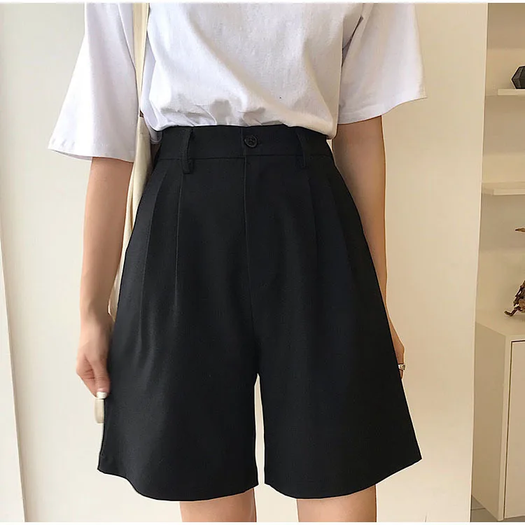 Unua amo Summer Black Suit Shorts Women Korean Style Casual Fashion Knee Length Wide Leg High Waist Shorts Female cotton shorts