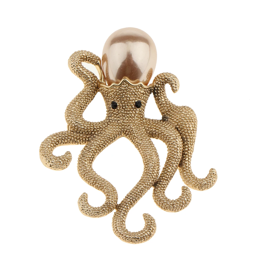 Tone Vintage Octopus Animal Pendant Brooch Pin Simulated Pearl Silver Gold 