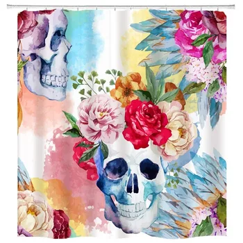 

BBSET Sugar Skull Flower Watercolor Pirate Skeleton Printing Shower Curtain Sets Bathroom Decor with Hooks Waterproof