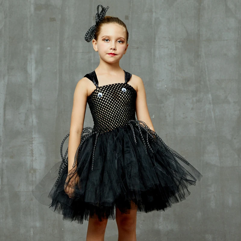 Silly Spider Tutu Dress for Girls Halloween Carnival Party Costume Kids Black Arachnid Animal Dress with Hair Clip Cosplay Dress (1)