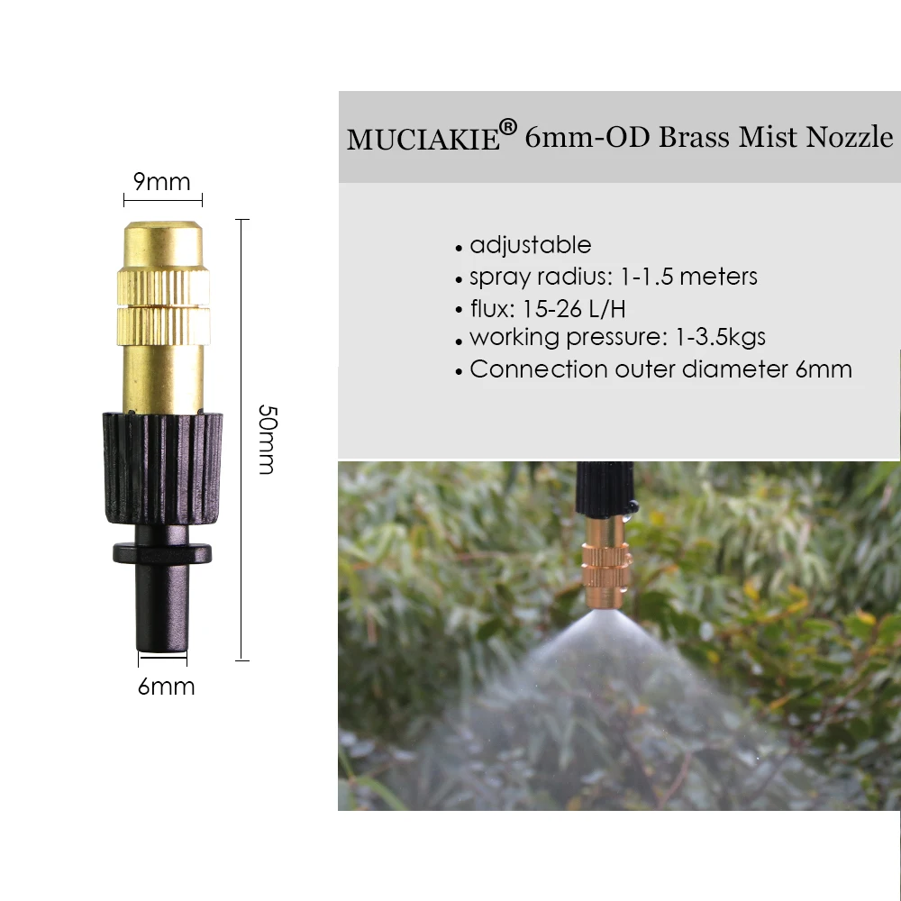 MUCIAKIE 15PCS Brass Adjustable Mist Nozzle with 6mm Connector Garden Irrigation Watering Cooling Sprinklers Spray