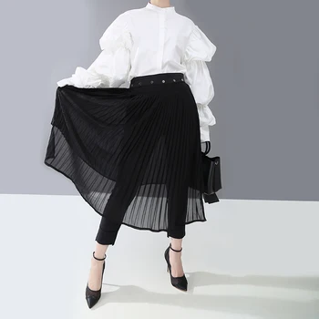 

New 2020 Women Spring Women Solid Black Pleated Chiffon Skirt High Waist See-Through A-Line Lady Stylish Sheer Skirt Femme 5953