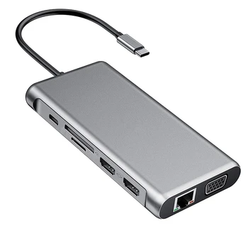 

12 In1 USB C Hub, to Dual 4K HDMI USB3.0 USB2.0 PD Charging VGA RJ45 3.5mm o Jack with TF/SD Card Slot USB HUB