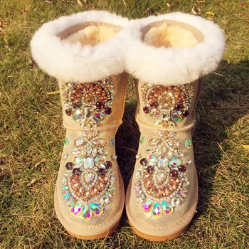 

European station high-end custom real rabbit fur real cowhide snow boots non-slip waterproof middle tube warm cotton boots