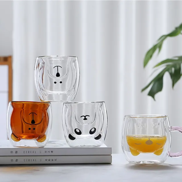 JASHII Glass Mugs Double Wall Glass Mug with Handle, Bear Cat Animal Double-Layer Glass Mug Coffee Cup, Christmas Mug Gift,Cute Tea Milk Cup. 