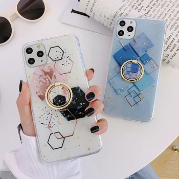 

LOVECOM Phone Case For iPhone 11 Pro XR XS Max 6 6S 7 8 Plus X Glitter Geometric Marble Epoxy Soft Back Cover With Finger Ring